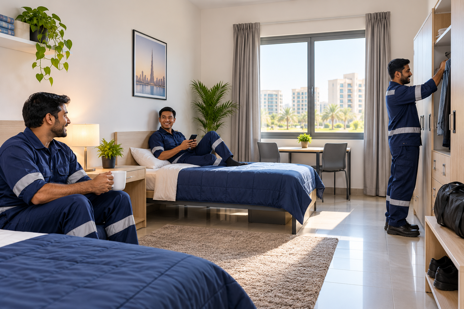 Modern Hostel Room with Friendly Workers