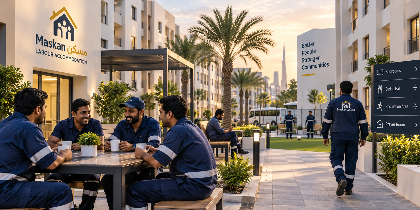 Welcoming Workforce Accommodation Courtyard at Sunset