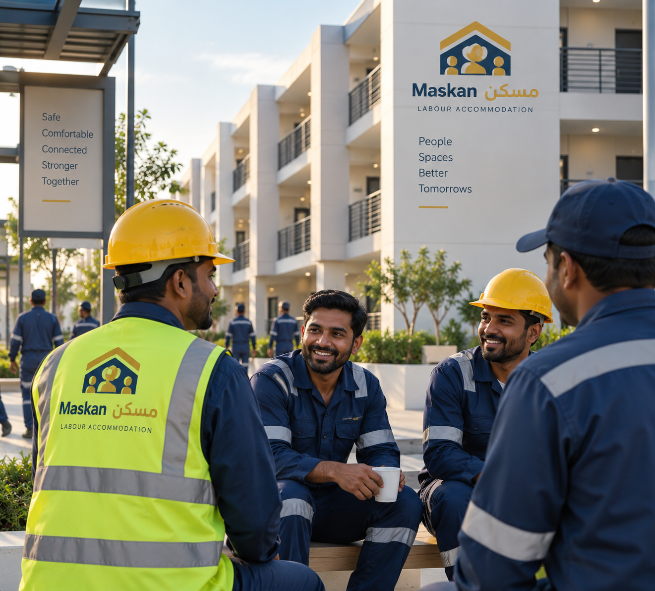 Workers Chatting at Maskan Accommodation